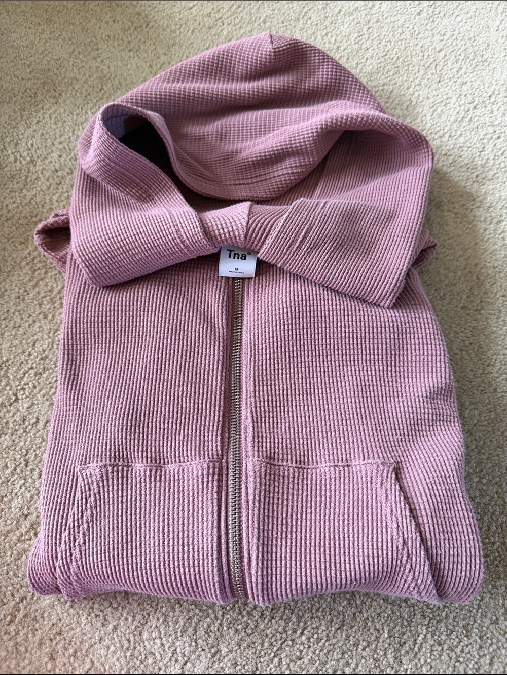 TNA Dusty Rose Ribbed Cropped Zip Hoodie